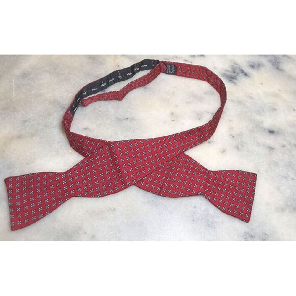 Vintage 100% Silk Red Geometric Foulard Adjustable Self Bow Tie Made In England